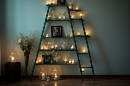 ladder shelf decorated with candles and frames, created with generative aiの素材