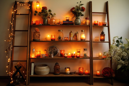 ladder shelf decorated with candles and trinkets, created with generative aiの素材