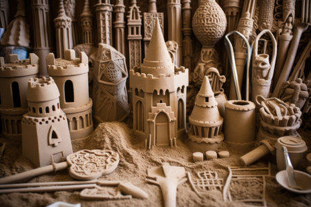 close-up of various sandcastle molds and tools, created with generative aiの素材