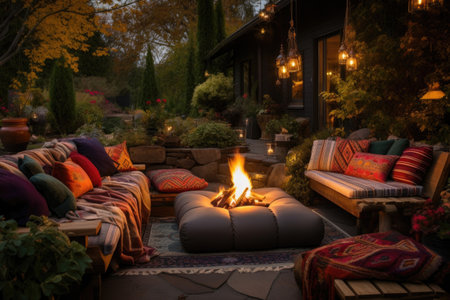 fire pit surrounded by cozy outdoor cushions, created with generative aiの素材