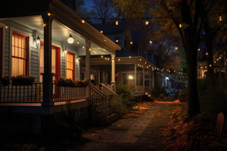 lit porch lights along a quiet street, created with generative aiの素材