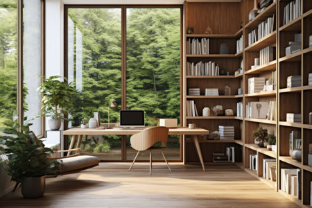 study area with bookshelves and natural light, created with generative aiの素材