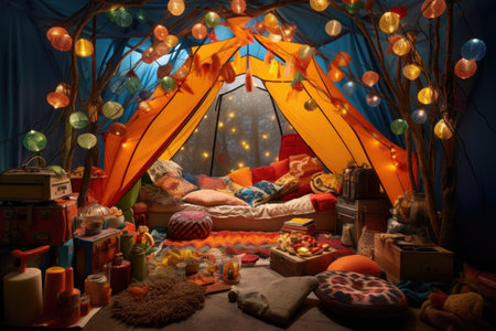 a tent surrounded by colorful camping gear and lanterns, created with generative aiの素材