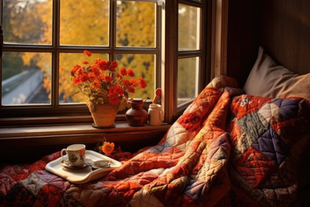warm quilt on a window sill, inviting and cozy, created with generative aiの素材