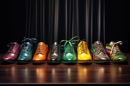 set of shining shoes in a row, showcasing different styles, created with generative aiの素材