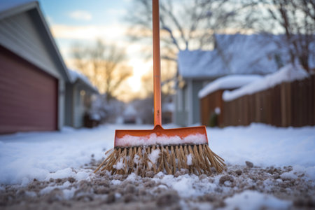 close-up of shovel head scooping snow on driveway, created with generative aiの素材
