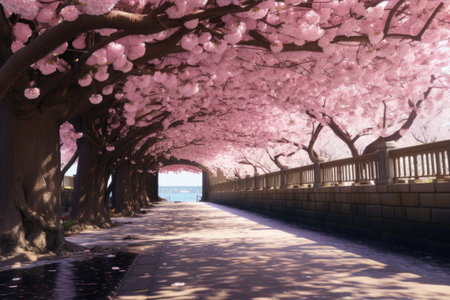 cherry blossom tunnel in a tranquil park, created with generative aiの素材