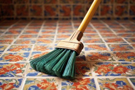 close-up of broom bristles sweeping a tiled floor, created with generative aiの素材