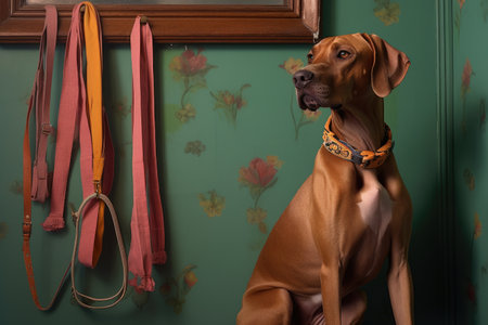 dog leash and collar hanging by the door, created with generative aiの素材
