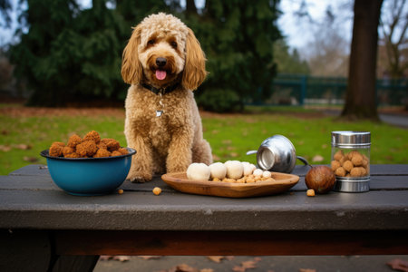 dog treats and water bowl on a park bench, created with generative aiの素材