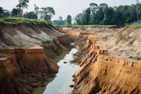 deforestation causing soil erosion near a river, created with generative aiの素材