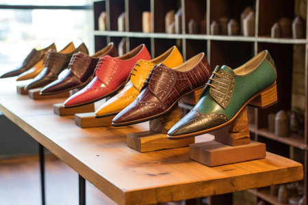 handcrafted leather shoes on display shelf, created with generative aiの素材