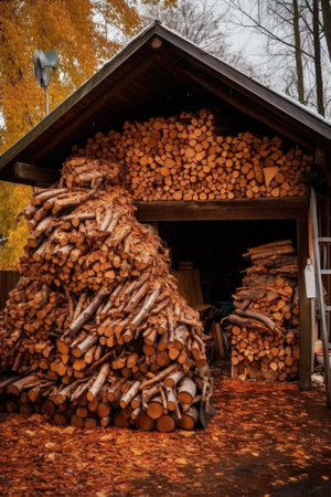 stack of firewood ready for winter season, created with generative aiの素材