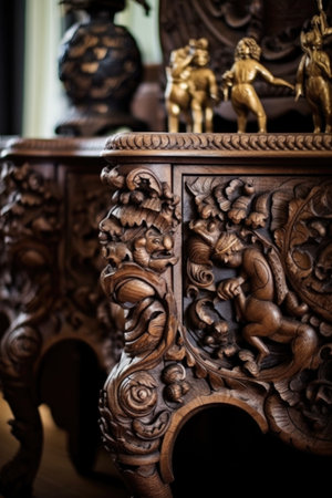 carved wooden ornaments on vintage furniture, created with generative aiの素材