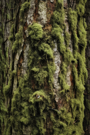close-up of tree bark texture with moss, created with generative aiの素材