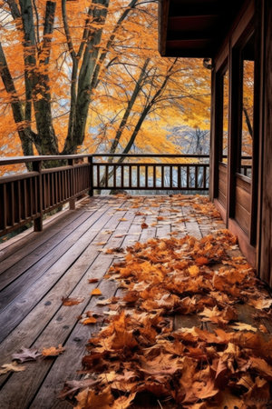 fallen autumn leaves on a wooden deck, created with generative aiの素材