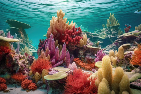 colorful coral formations in shallow tropical sea, created with generative aiの素材
