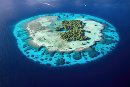 aerial view of a coral atoll surrounded by deep ocean waters, created with generative aiの素材