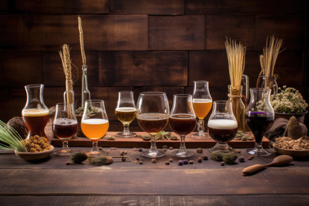 beer tasting glassware arranged on rustic background, created with generative aiの素材