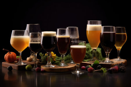 various types of beer glasses with different brews, created with generative aiの素材