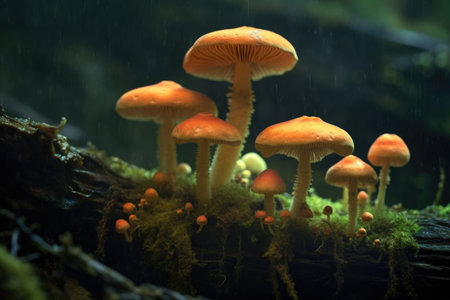 cluster of glowing fungi on a mossy rock, created with generative aiの素材