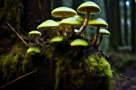 bioluminescent fungi on moss-covered tree trunk, created with generative aiの素材