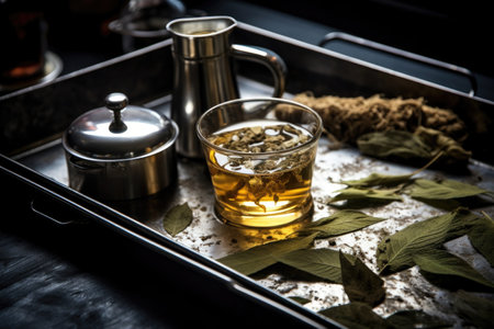 tea bags, loose leaves, and infuser on a tray, created with generative aiの素材