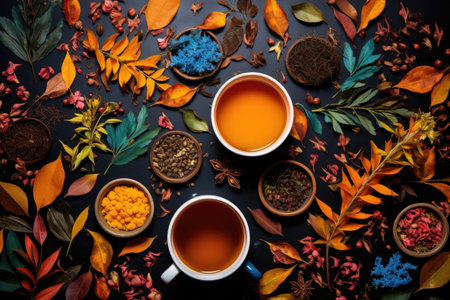 artistic flat lay of tea set and colorful tea leaves, created with generative aiの素材