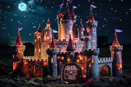 toy castle illuminated with fairy lights at night, created with generative aiの素材