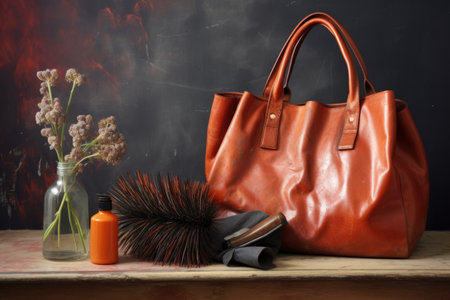 leather jacket hanging, care kit beneath, created with generative aiの素材