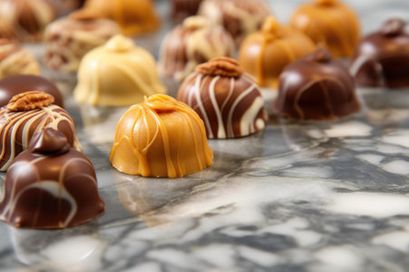 close-up of pralines on a marble work surface, created with generative aiの素材