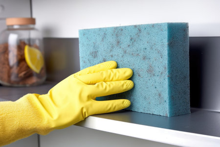 hand in protective glove wiping fridge shelf with sponge, created with generative aiの素材