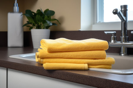 neatly folded towels next to clean sink, created with generative aiの素材