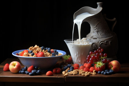 pouring milk into a bowl of cereal with fruit, created with generative aiの素材
