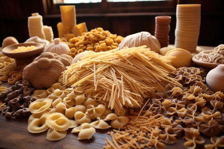 close-up of various pasta shapes on wooden table, created with generative aiの素材