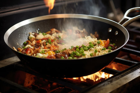preparing fried rice in a sizzling wok, created with generative aiの素材