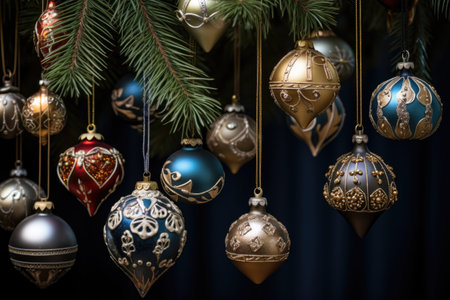 diverse collection of ornaments on a christmas tree, created with generative aiの素材