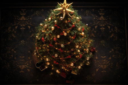 top view of a beautifully lit christmas tree, created with generative aiの素材