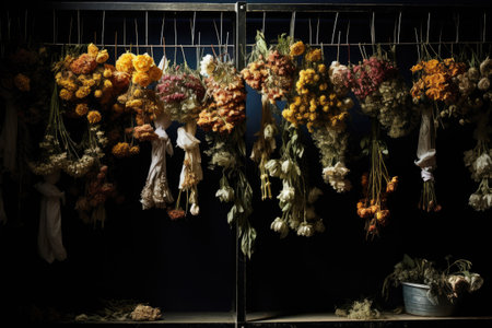 air-drying flowers on a wire rack in a dark room, created with generative aiの素材