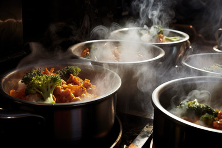 close-up of steam rising from hot dishes, created with generative aiの素材