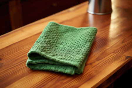 close-up of a dishcloth on a wooden countertop, created with generative aiの素材