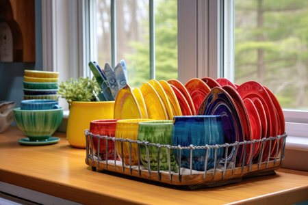 colorful dish rack with freshly washed dishes, created with generative aiの素材