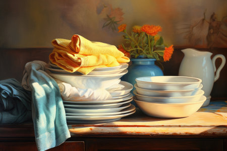 clean dishes on a towel, ready for storage, created with generative aiの素材