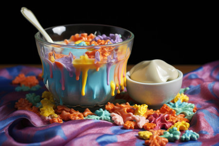 bowl of colorful baby cereal and milk, created with generative aiの素材