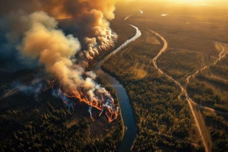 aerial perspective of wildfire approaching a river, created with generative aiの素材