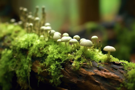 spore dispersal captured in slow-motion on mossy log, created with generative aiの素材