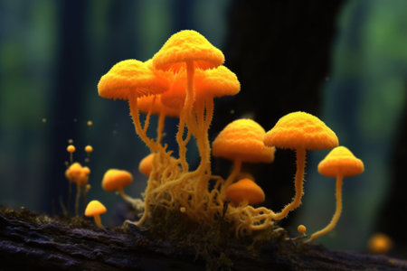 slime mold fruiting body releasing spores, created with generative aiの素材
