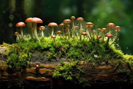 spore dispersion on a mossy log, showcasing life cycle, created with generative aiの素材