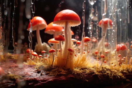 time-lapse of fungi spore dispersion in nature, created with generative aiの素材