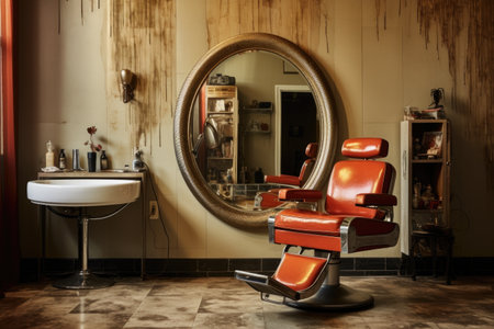 hair salon chair in front of a large mirror, created with generative aiの素材